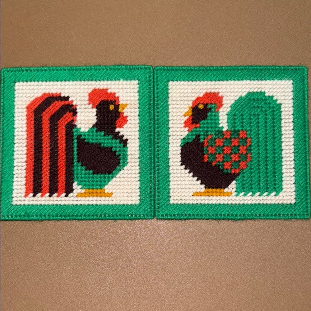 Set of 2 vintage chicken rooster pot holders coasters handmade retro decor boho